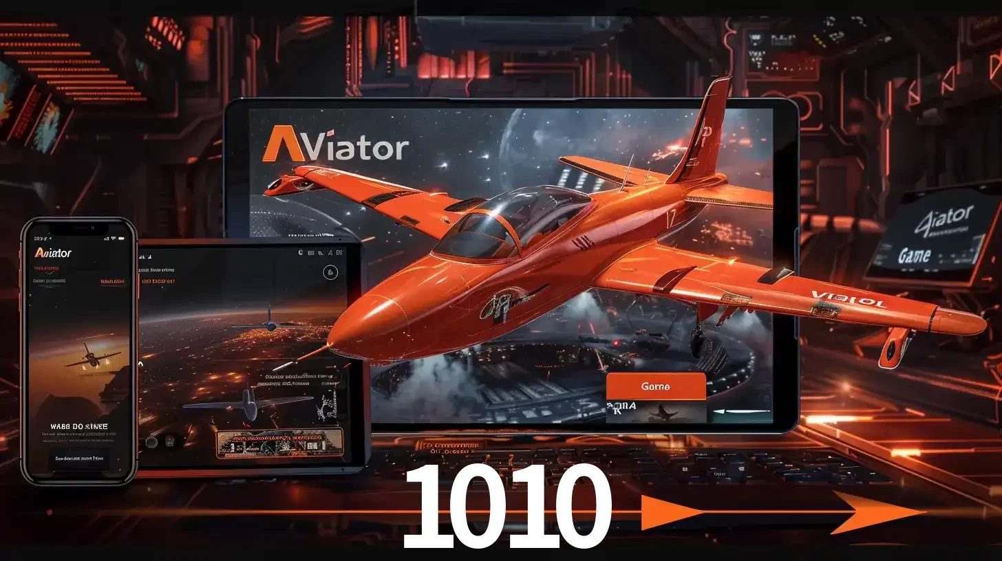 Apresentação tecnológica do jogo Aviator com um avião saindo da tela de um tablet, demonstrando a experiência imersiva em múltiplos dispositivos no 1010.