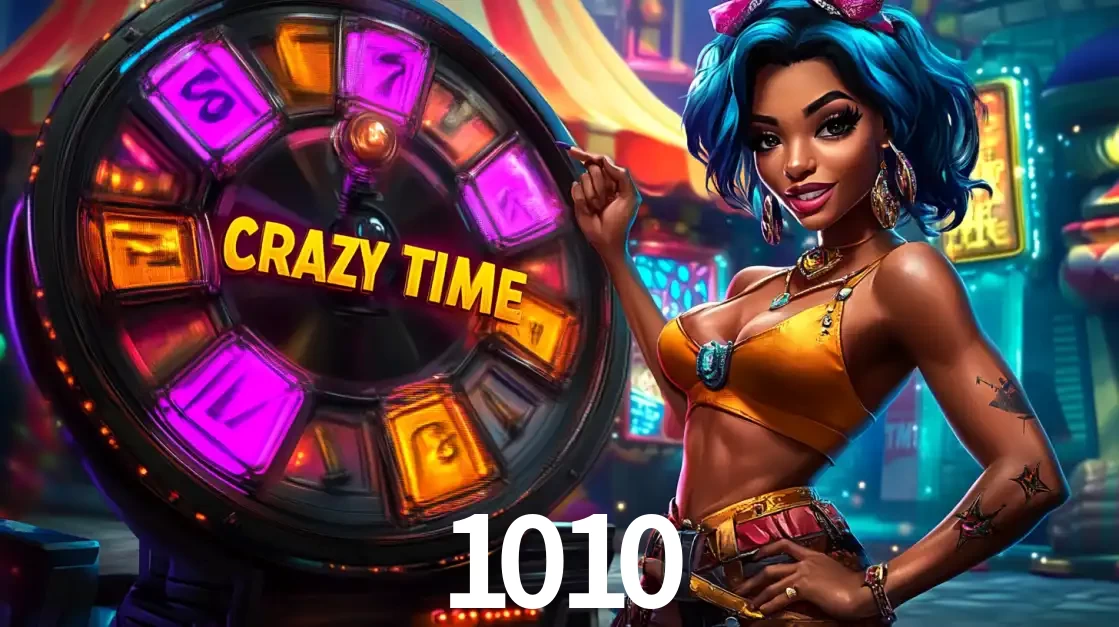Mulher estilizada com cabelo azul e visual vibrante posando ao lado da roda de prêmios do game show Crazy Time, convidando para a diversão e os bônus do cassino 1010.